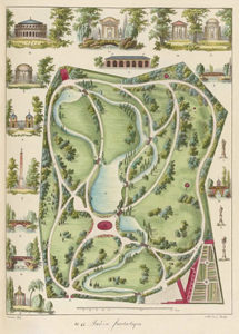 Proposta de plano de jardim com suas microarquitecturas. Gabriel Thouin – «Plans raisonnés de toutes les espèces de jardins». Paris: L’Imprimerie de Lebégue, 1820, p. 42. Coleção Particular.