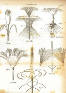 Exemplos dos múltiplos efeitos que se podiam obter com os repuxos de água nos jardins.«Figures pour l’almanach du bon jardinier». 12.ème éd. Paris: Audot, 1840, planche LVI, p. 157 (BNP S.A. 6624 P.)