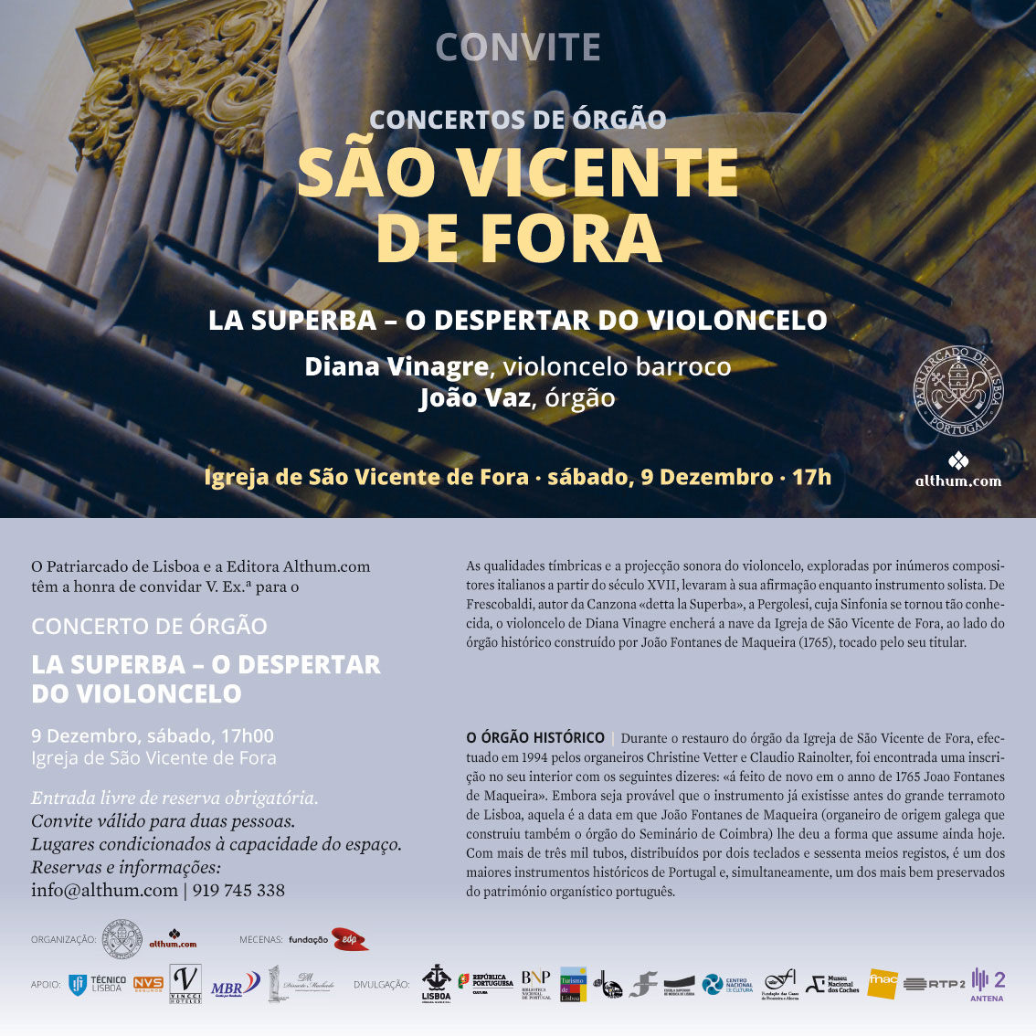 Concerto de órgão na Igreja de São Vicente de Fora, dia 9 de Dezembro, sábado, às 17h