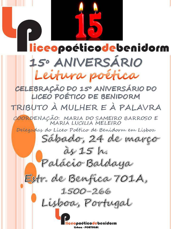 Convite para leitura de poesia no Palácio Baldaya a 24 de Março. Sábado, às 15h: "Tributo à Mulher e à Palavra"