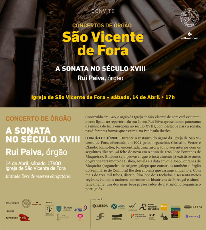 Concerto de órgão | Igreja de São Vicente de Fora | 14 de Abril, sábado, 17h | Rui Paiva, órgão