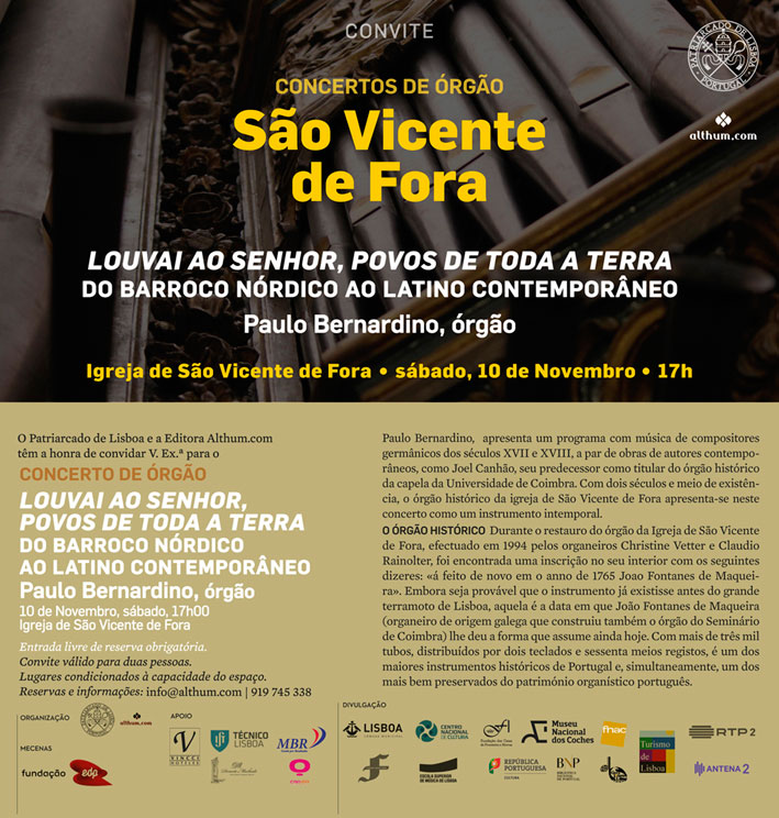 ENTRADA LIVRE: Concerto de órgão | Igreja de São Vicente de Fora | 10 de Novembro, sábado, 17h | Paulo Bernardino, órgão