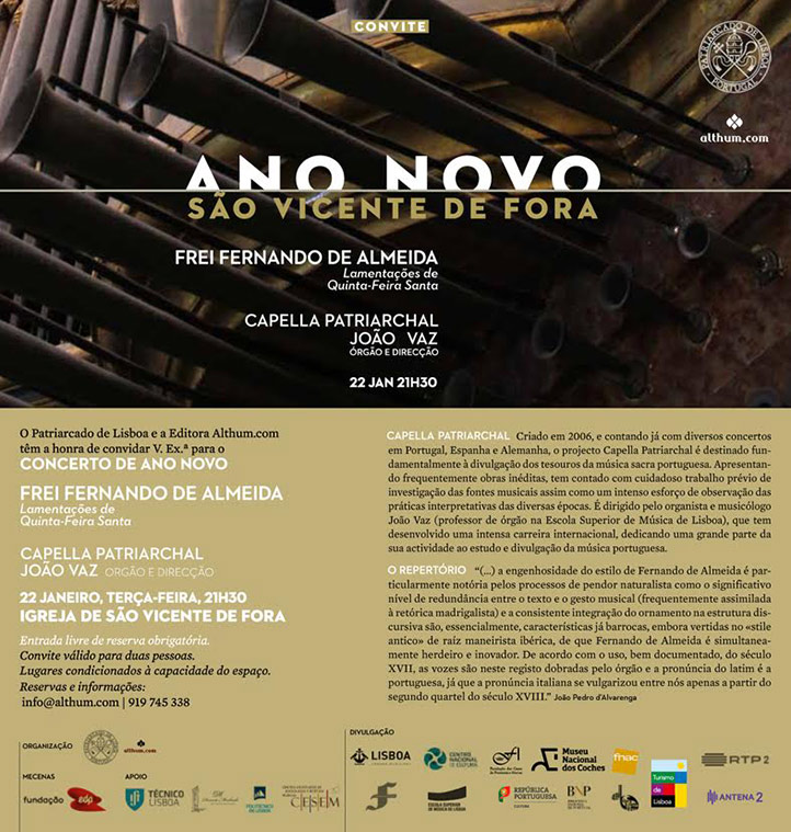 CONCERTO ANO NOVO | dia 22 DE JANEIRO de 2019, TERÇA-FEIRA, 21H30 | Igreja São Vicente de Fora | João Vaz e Capella Patriarchal