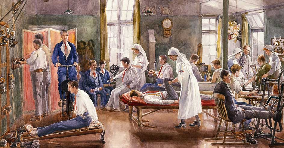 Reabilitação no Hospital de Bath aos soldados da 1ª Guerra Mundial”, “Sala de massagem”